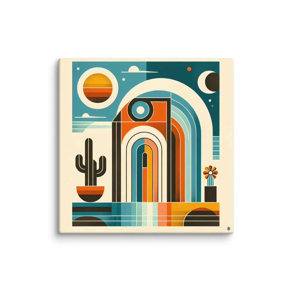 Retro Desert Arches with Cactus and Celestial Shapes — Canvas Print