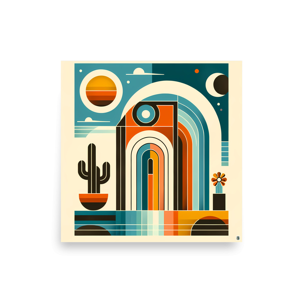 Retro Desert Arches with Cactus and Celestial Shapes — Art Print
