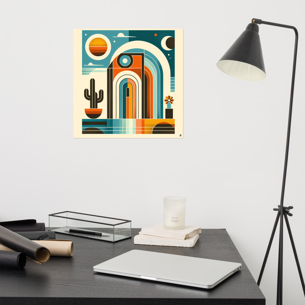 Retro Desert Arches with Cactus and Celestial Shapes