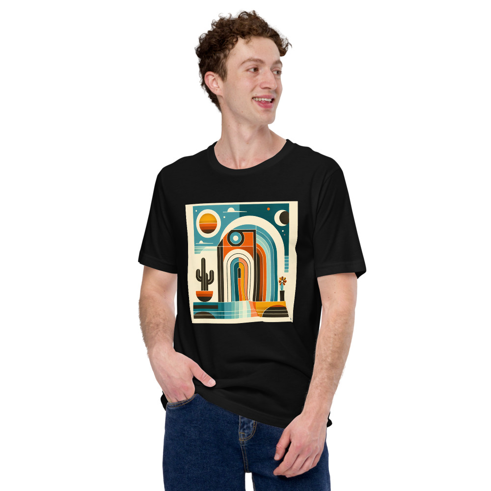 Retro Desert Arches with Cactus and Celestial Shapes