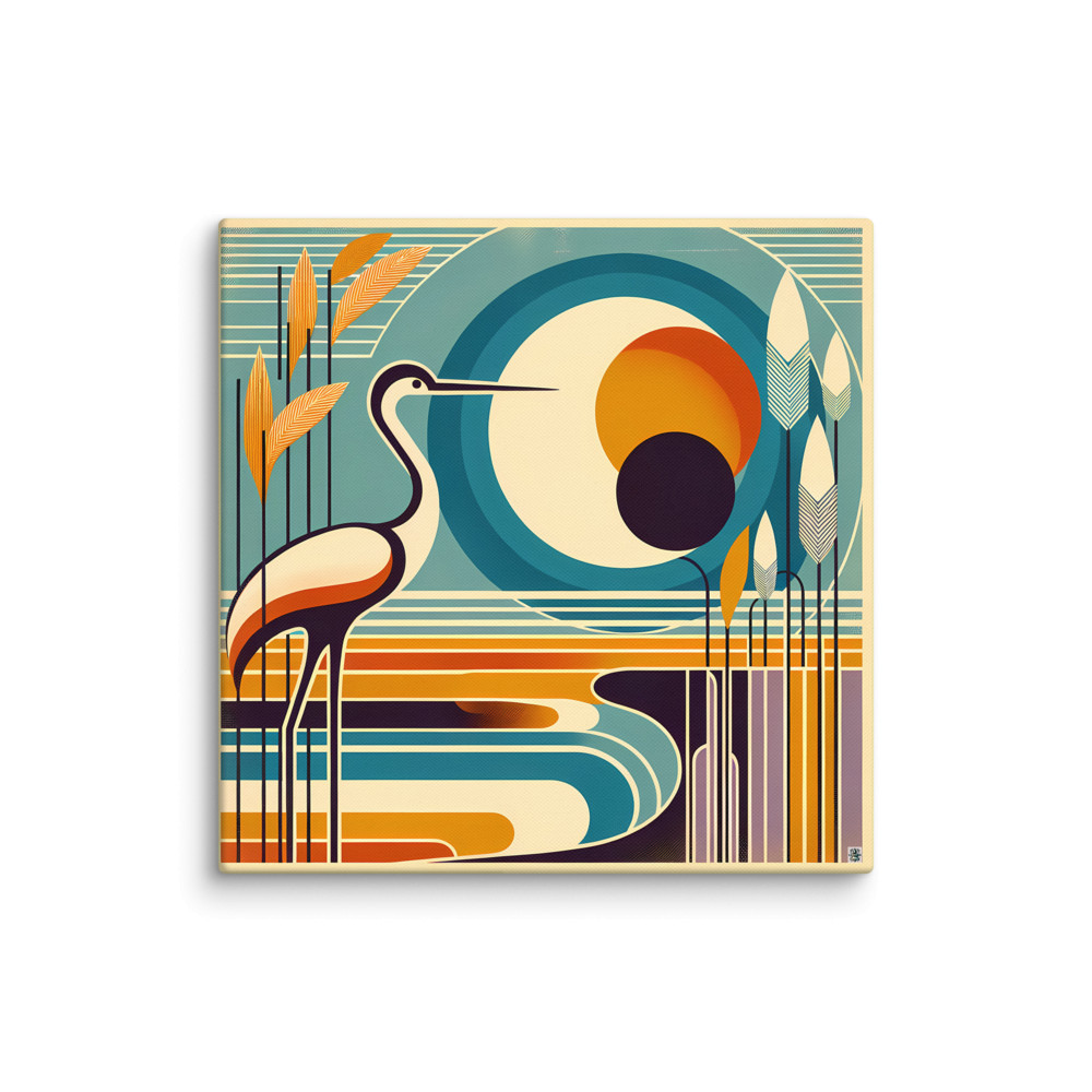 Stylised Heron with Teal Sun and Reeds — Canvas Print