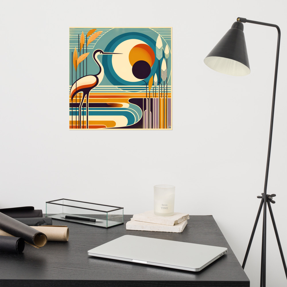 Stylised Heron with Teal Sun and Reeds