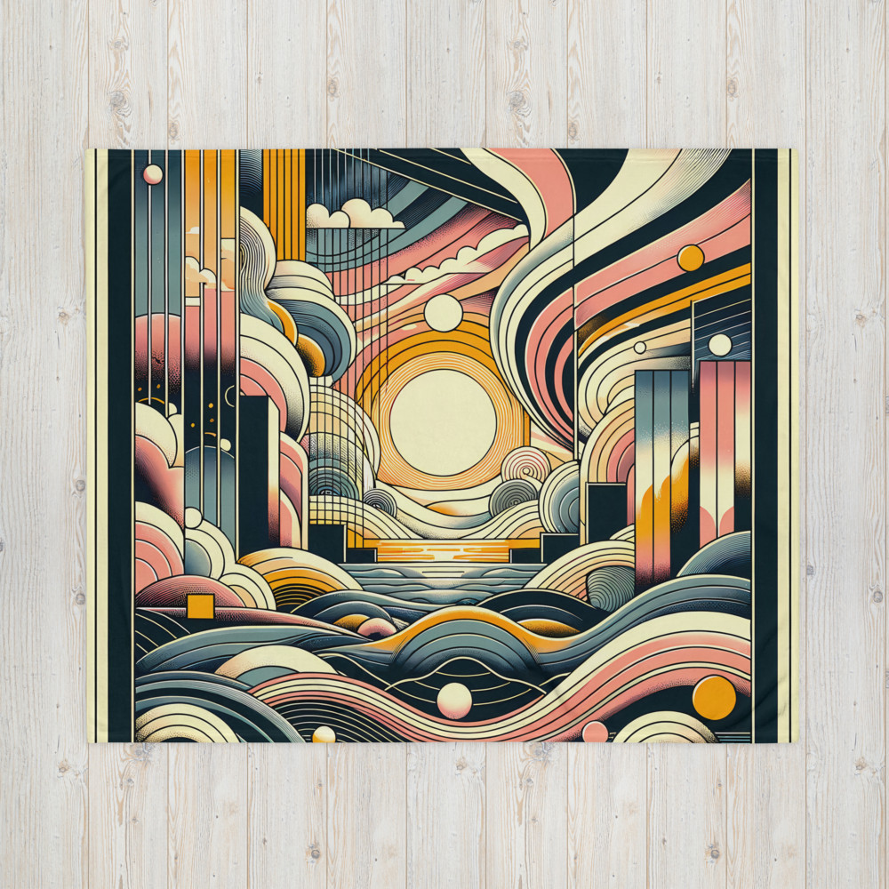 Retro Geometric Sunset Cityscape Over Abstract Waves