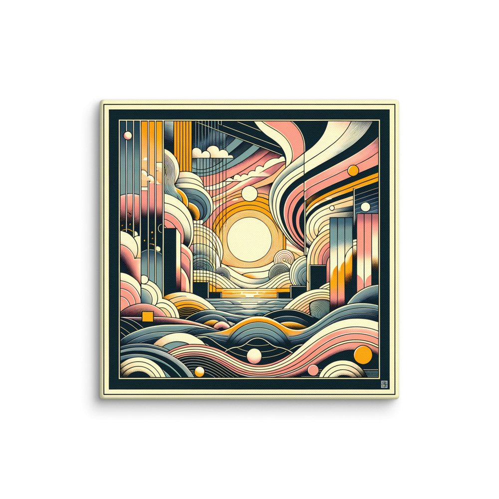 Retro Geometric Sunset Cityscape Over Abstract Waves — Canvas Print