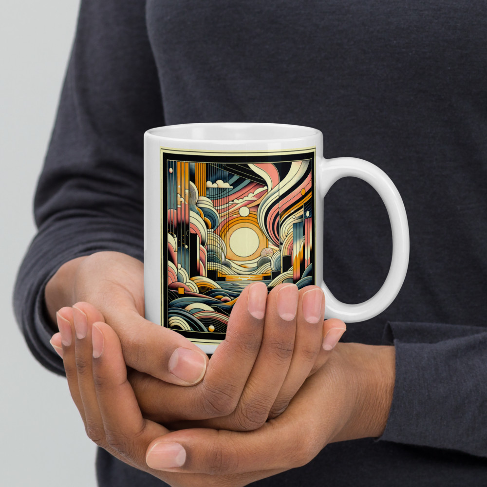 Retro Geometric Sunset Cityscape Over Abstract Waves