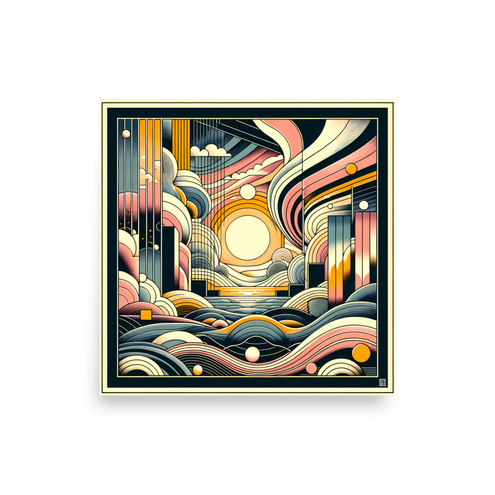Retro Geometric Sunset Cityscape Over Abstract Waves — Art Print