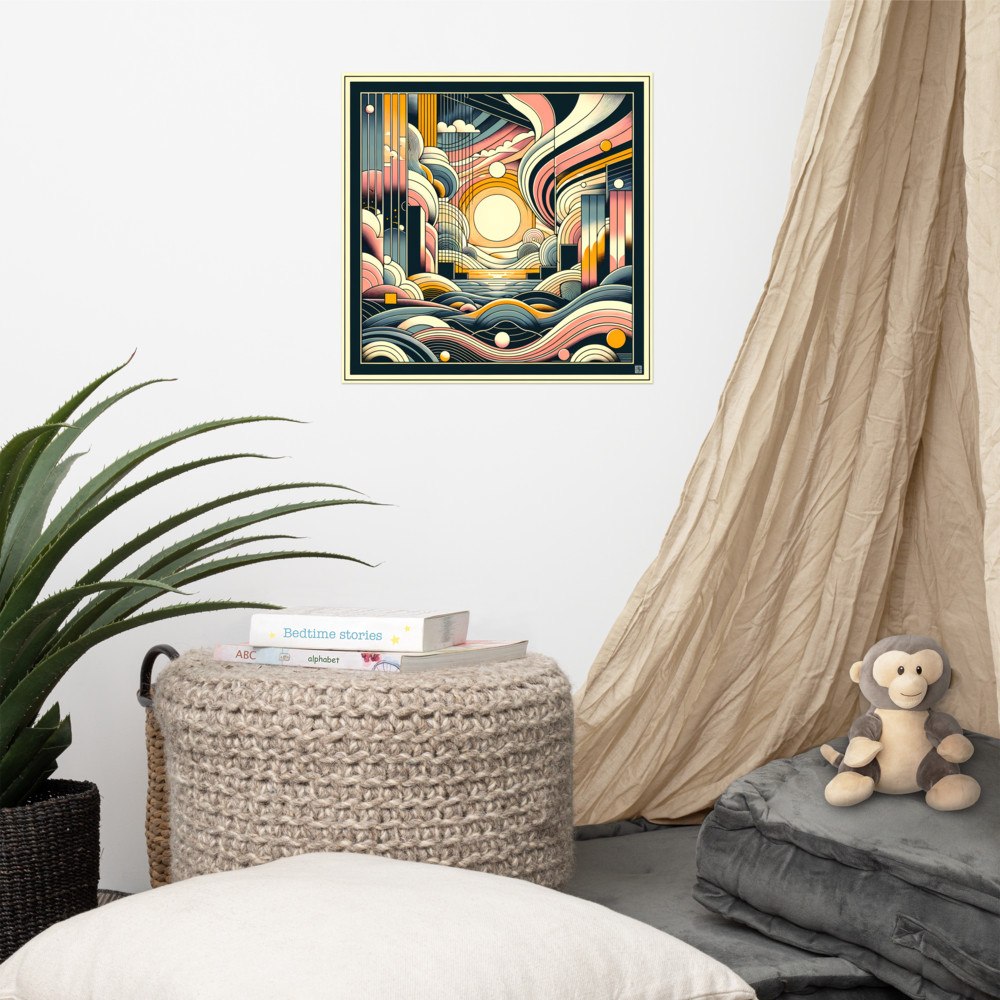 Retro Geometric Sunset Cityscape Over Abstract Waves