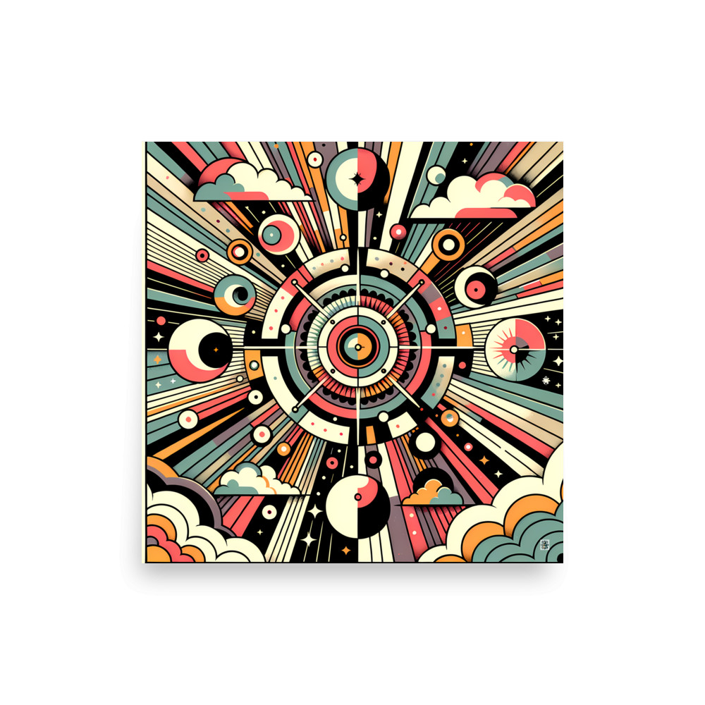 Retro Geometric Space Scene with Clouds — Art Print