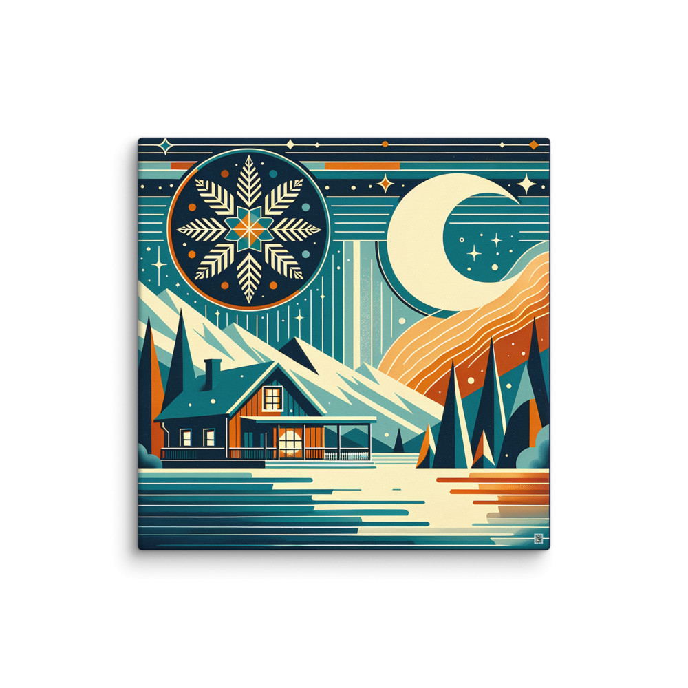 Moonlit Winter Cabin with Snowflake Sky — Canvas Print