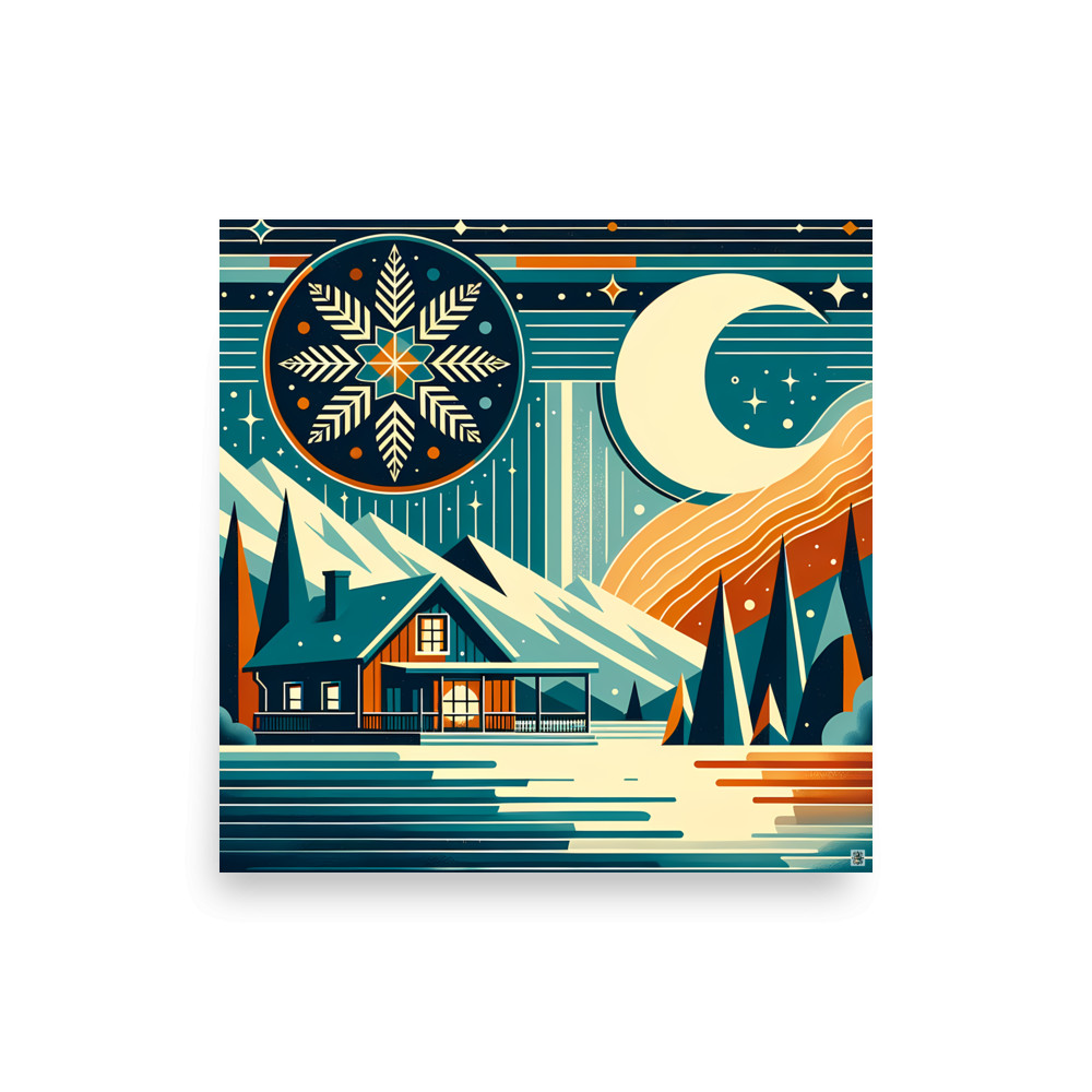 Moonlit Winter Cabin with Snowflake Sky — Art Print