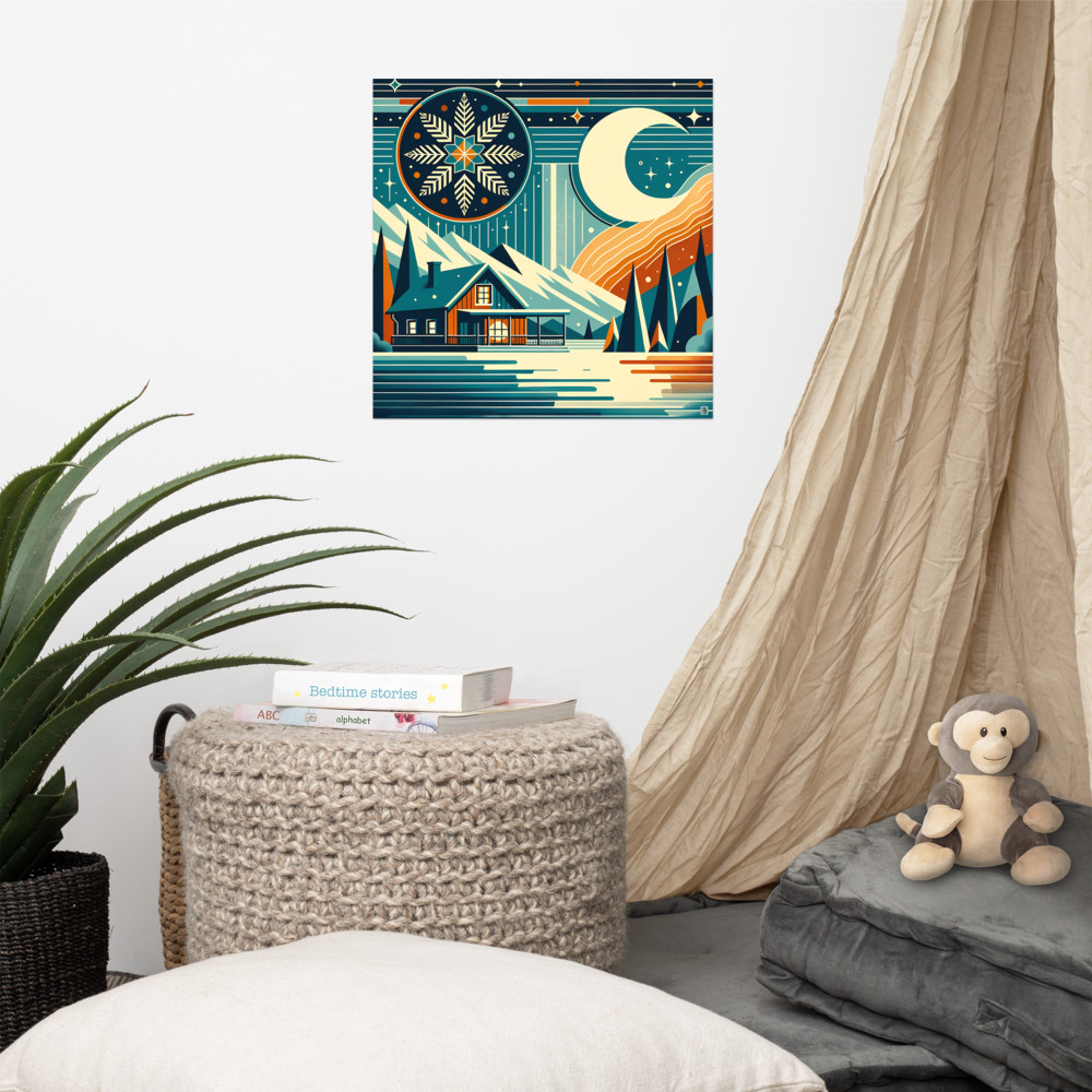 Moonlit Winter Cabin with Snowflake Sky