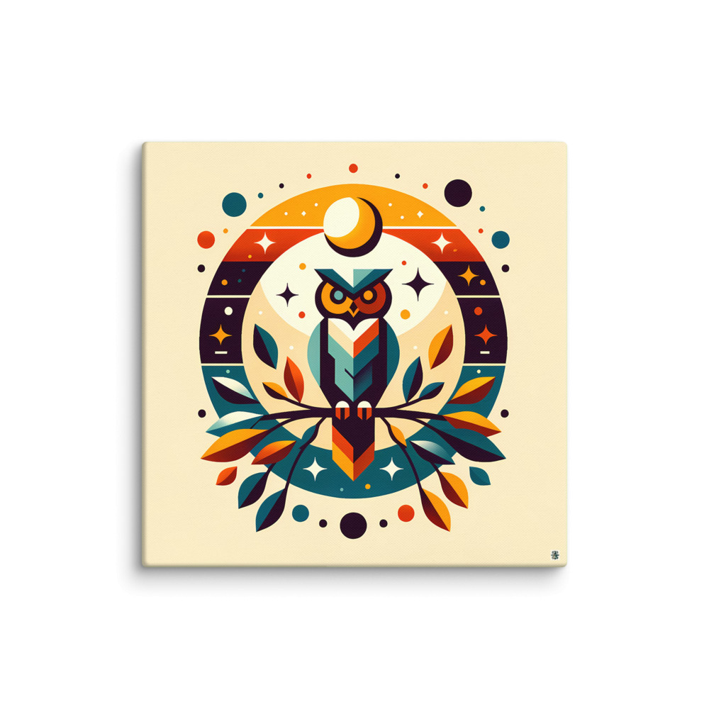 Geometric Owl with Moon and Autumn Leaves — Canvas Print