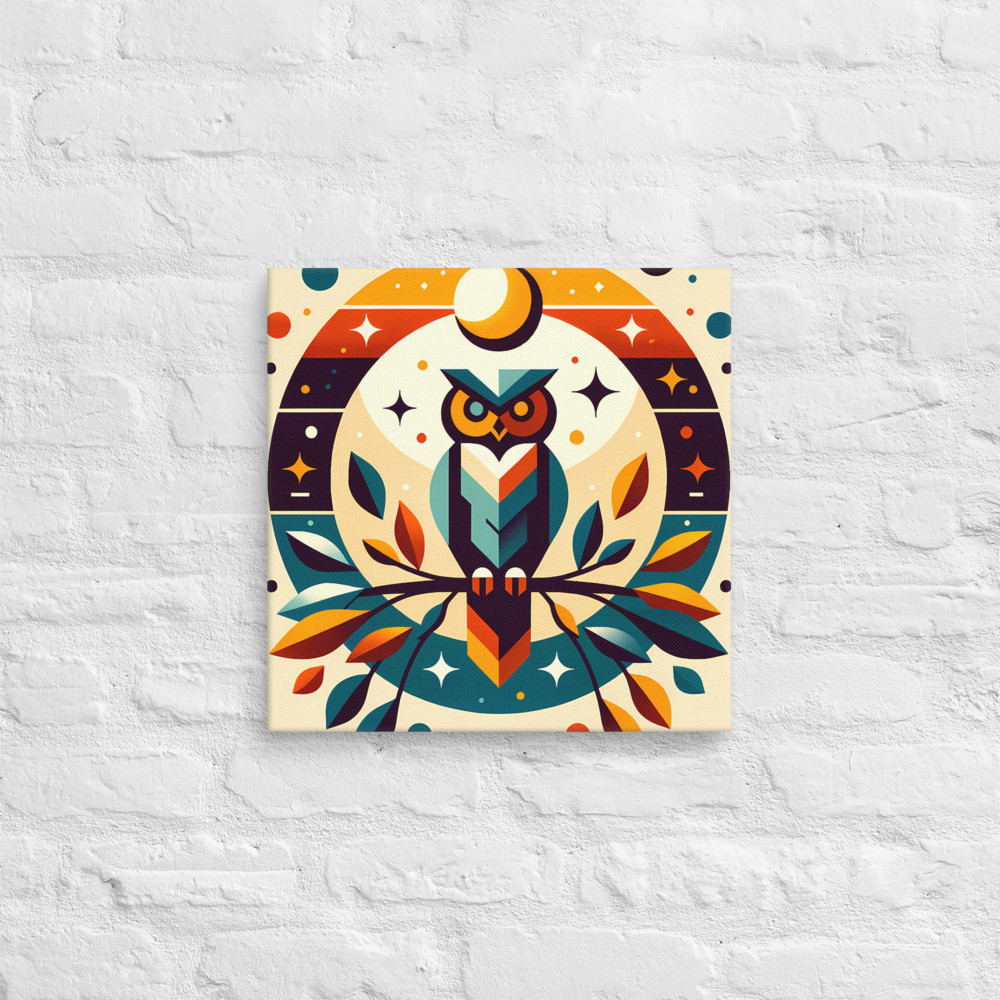 Geometric Owl with Moon and Autumn Leaves