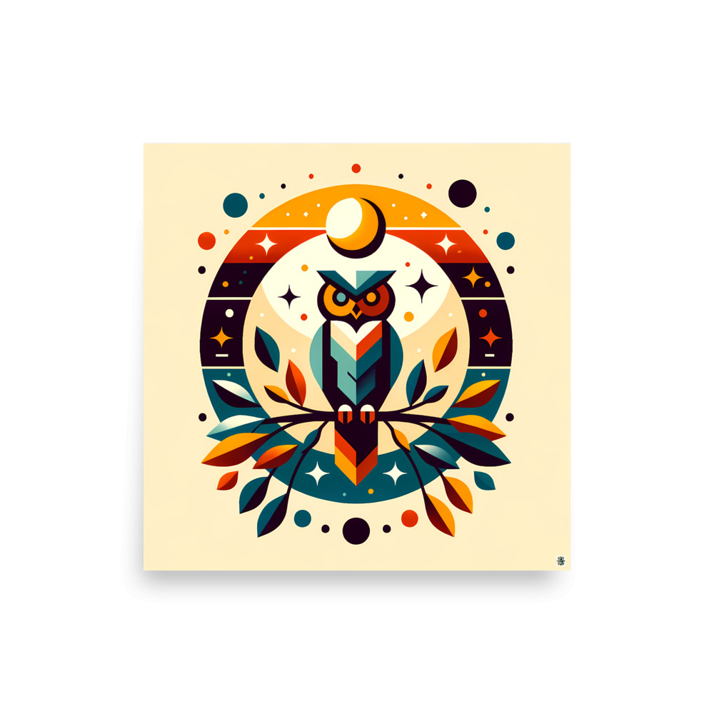 Geometric Owl with Moon and Autumn Leaves — Art Print