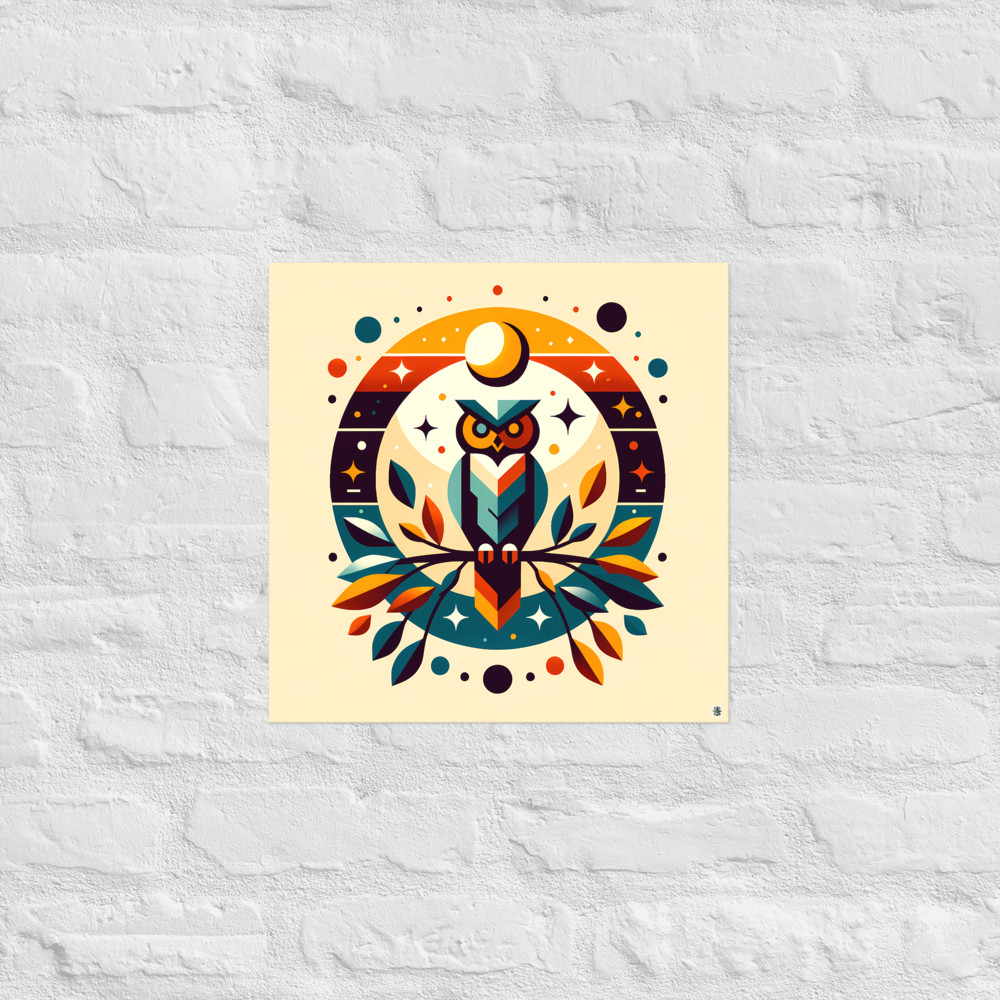 Geometric Owl with Moon and Autumn Leaves