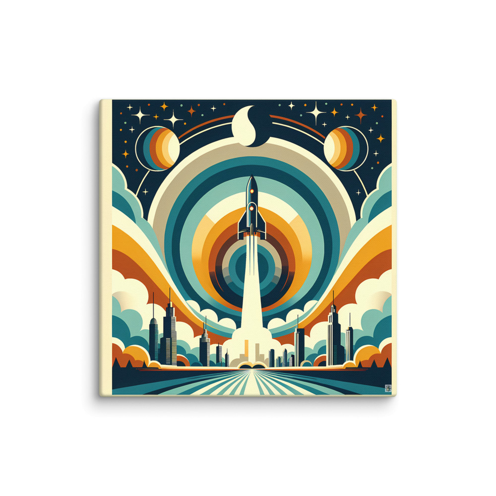 Retro Rocket Launch Over Geometric City Skyline — Canvas Print