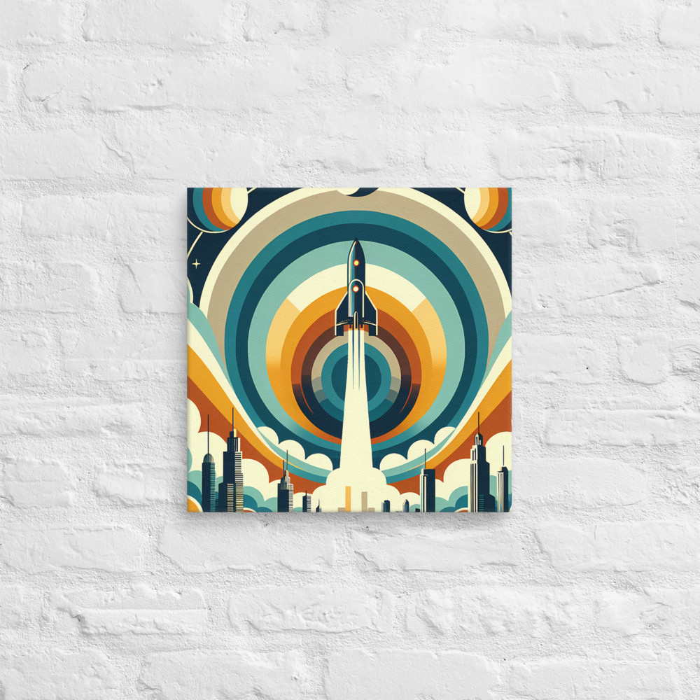 Retro Rocket Launch Over Geometric City Skyline