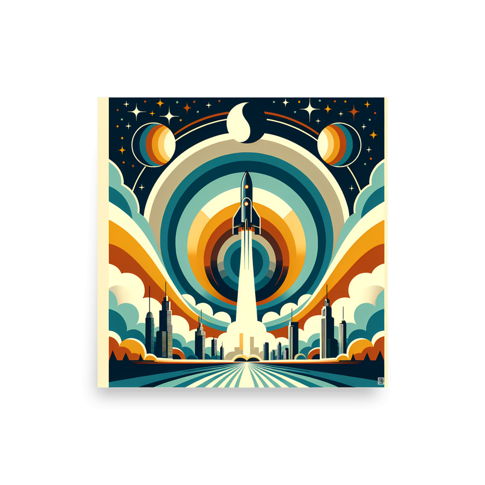 Retro Rocket Launch Over Geometric City Skyline — Art Print