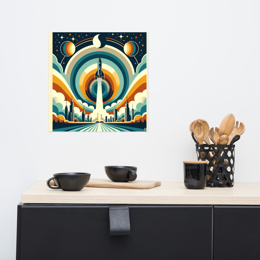 Retro Rocket Launch Over Geometric City Skyline