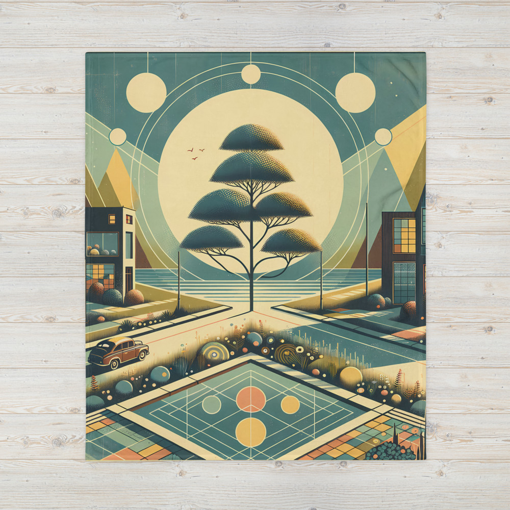 Retro Geometric Cityscape with Moonlit Tree