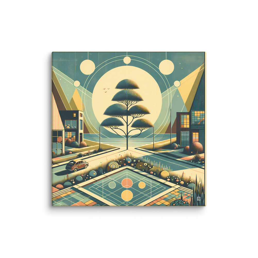 Retro Geometric Cityscape with Moonlit Tree