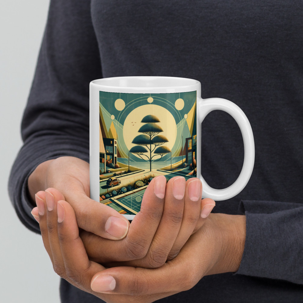Retro Geometric Cityscape with Moonlit Tree