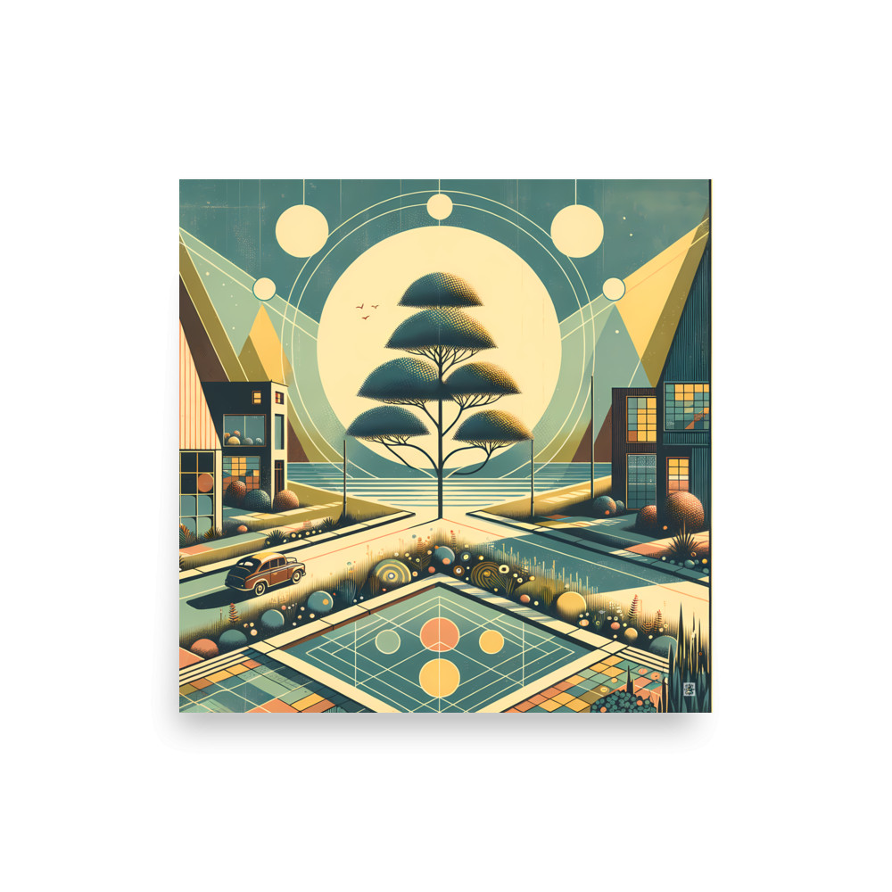Retro Geometric Cityscape with Moonlit Tree — Art Print