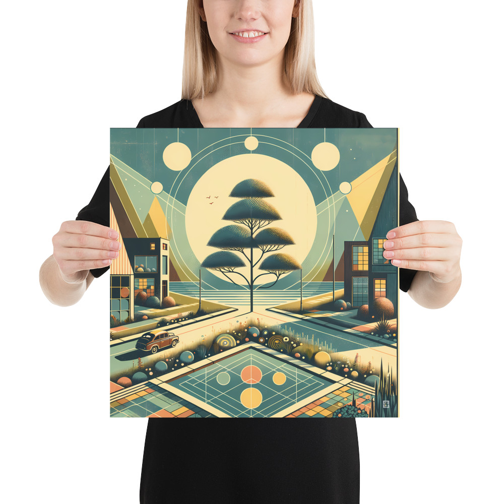 Retro Geometric Cityscape with Moonlit Tree
