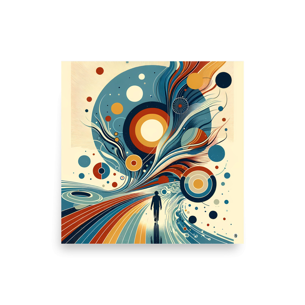 Retro Abstract Cosmic Swirls with Silhouette Figure — Art Print