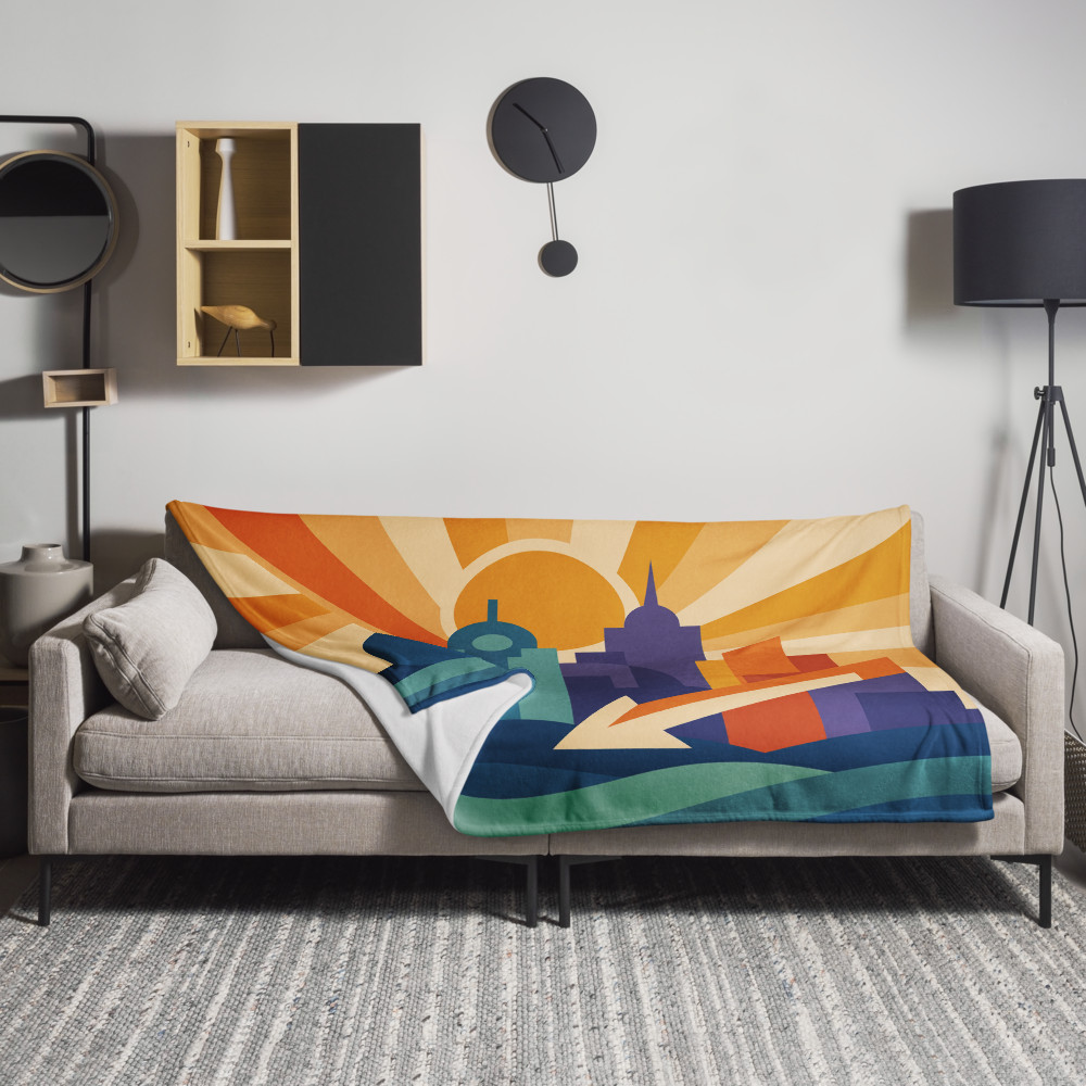 Bold Geometric City Skyline with Sunburst and Waves