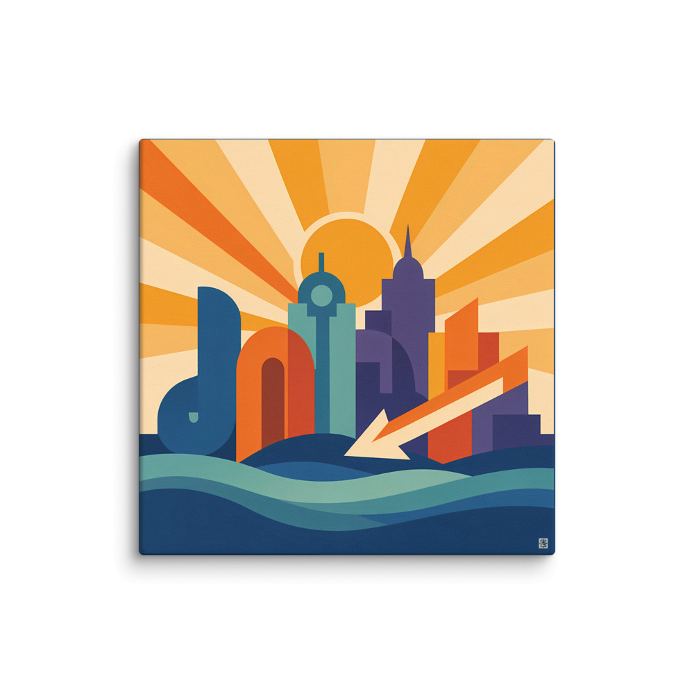 Bold Geometric City Skyline with Sunburst and Waves — Canvas Print