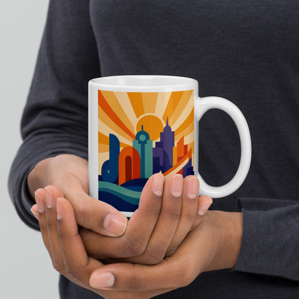 Bold Geometric City Skyline with Sunburst and Waves