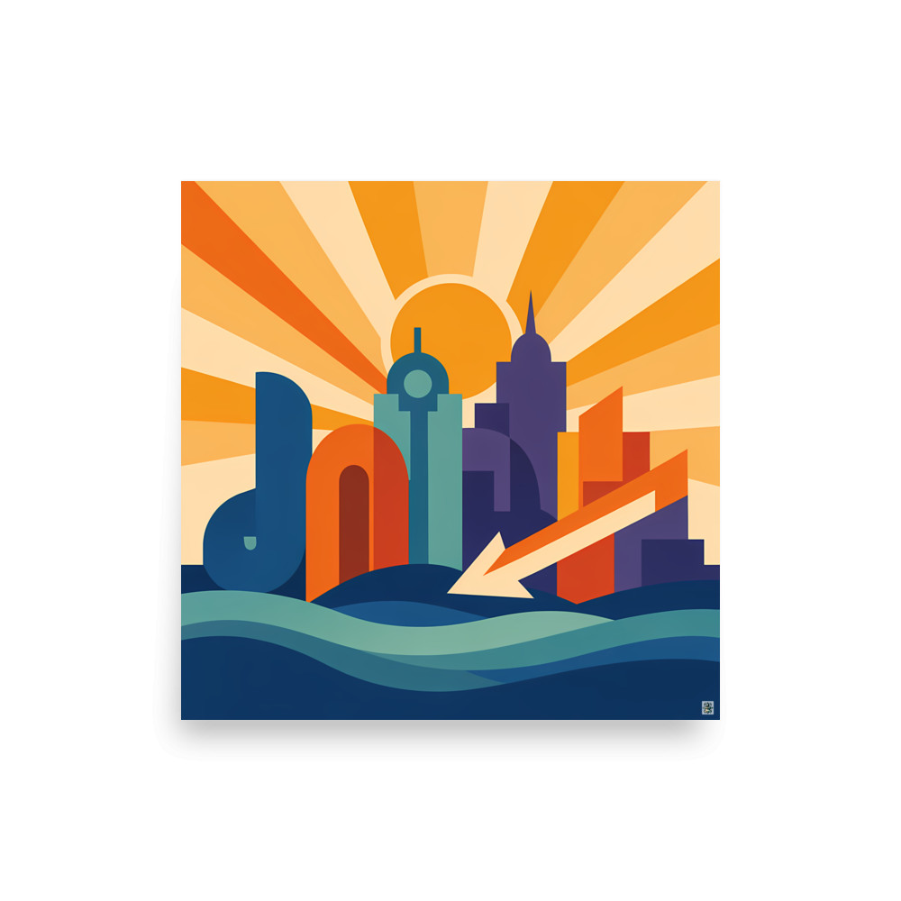 Bold Geometric City Skyline with Sunburst and Waves — Art Print