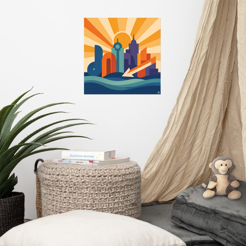 Bold Geometric City Skyline with Sunburst and Waves