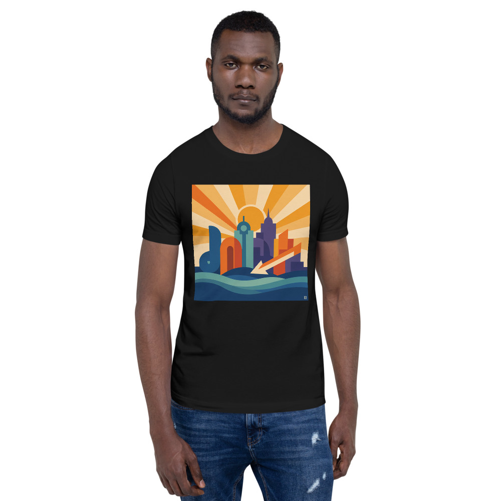 Bold Geometric City Skyline with Sunburst and Waves