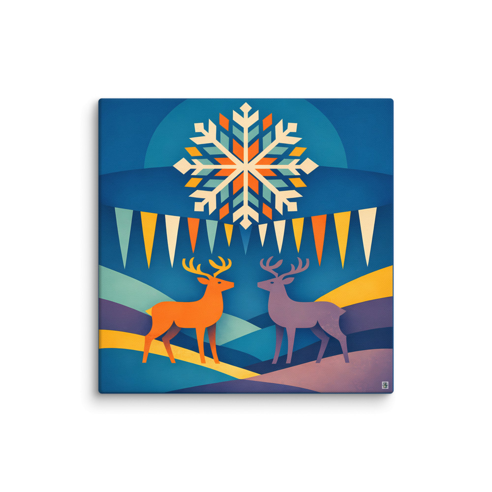 Nordic Snowflake Deer in Winter Hills — Canvas Print