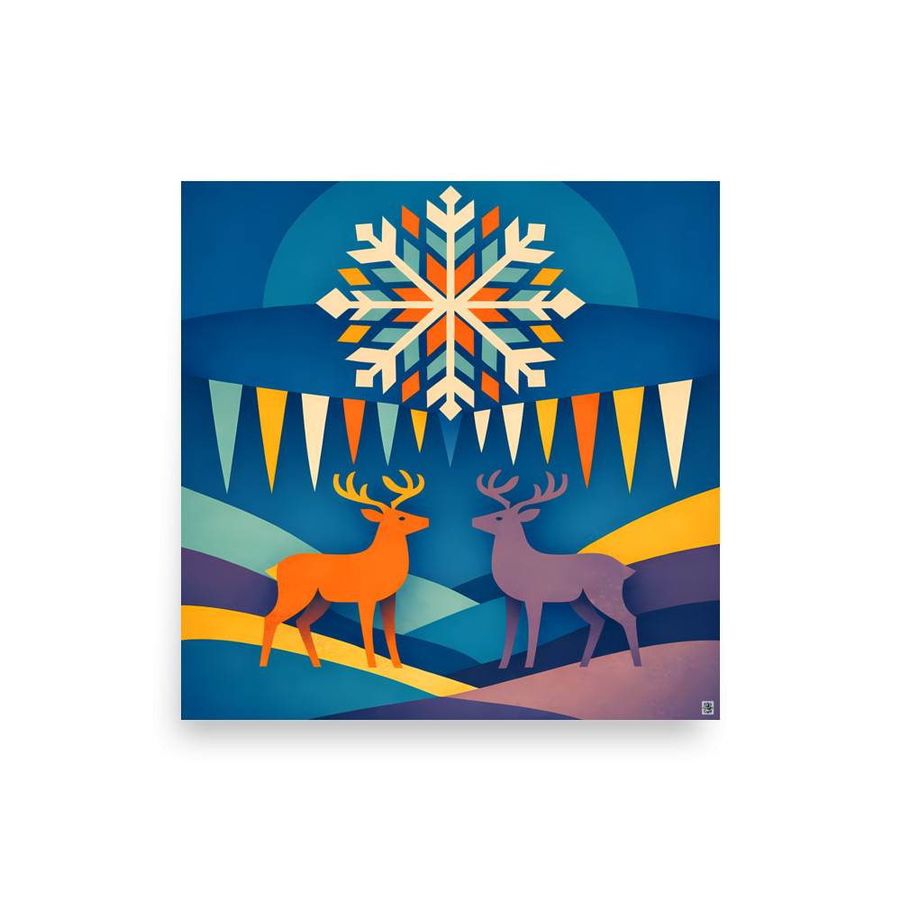 Nordic Snowflake Deer in Winter Hills — Art Print