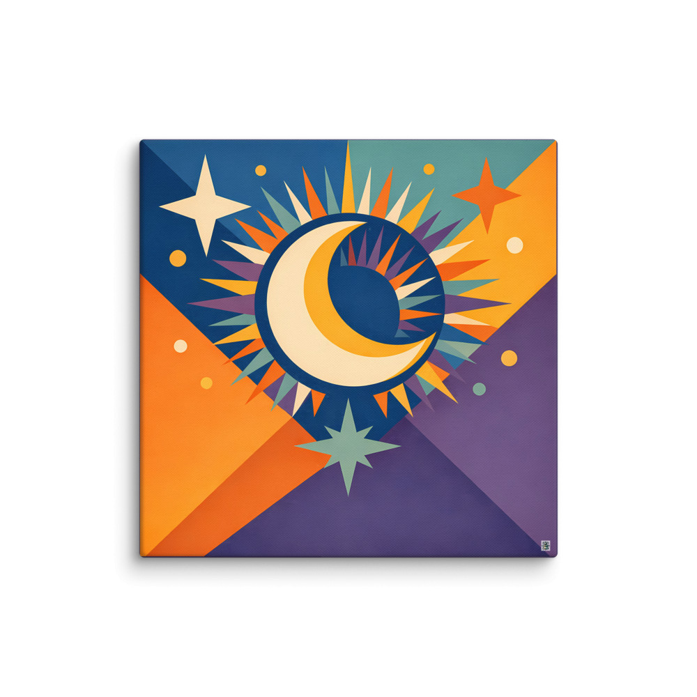 Geometric Crescent Moon with Colourful Starburst — Canvas Print