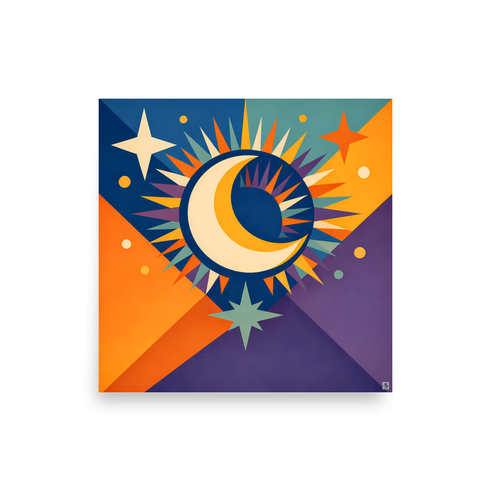 Geometric Crescent Moon with Colourful Starburst — Art Print