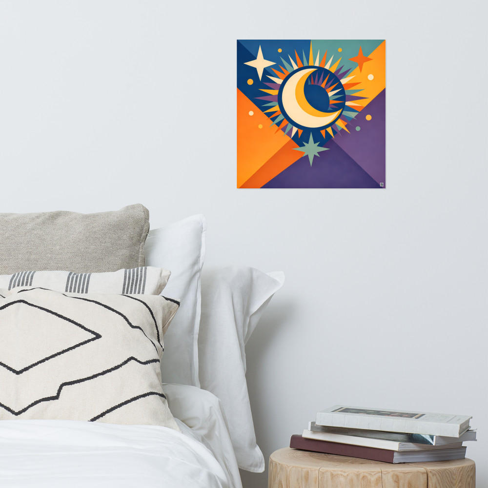Geometric Crescent Moon with Colourful Starburst