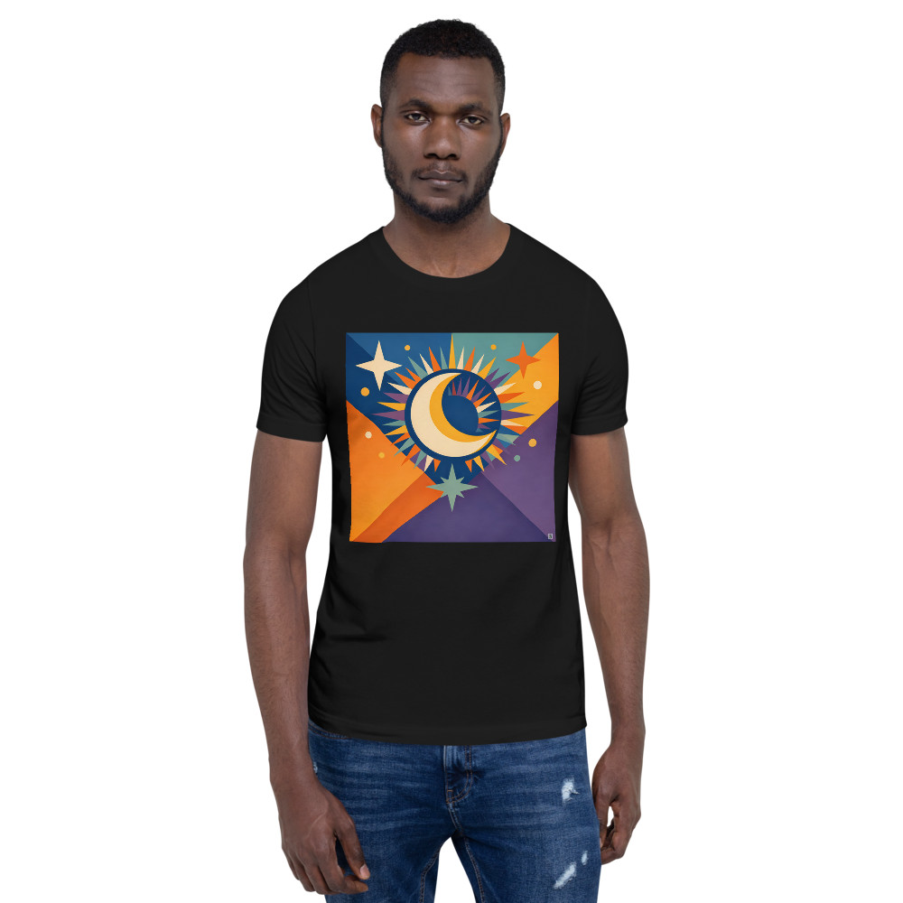 Geometric Crescent Moon with Colourful Starburst