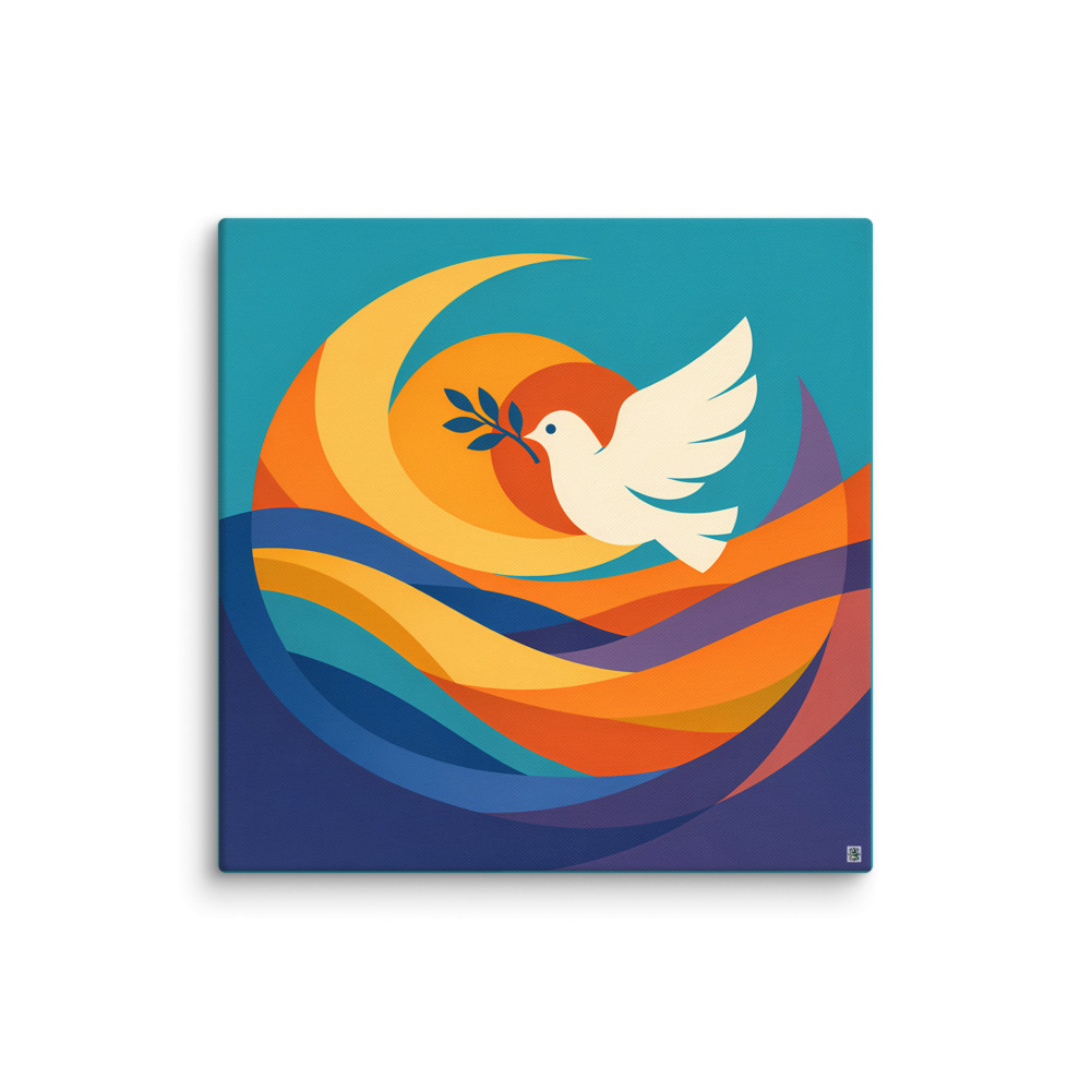 Dove With Olive Branch in Curved Colour Ribbons — Canvas Print