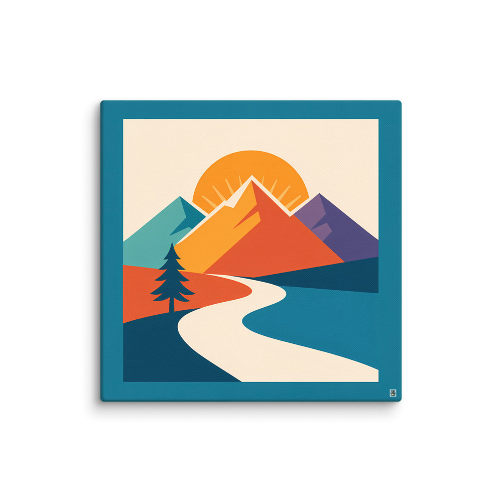 Geometric Mountain Sunrise with Winding River — Canvas Print