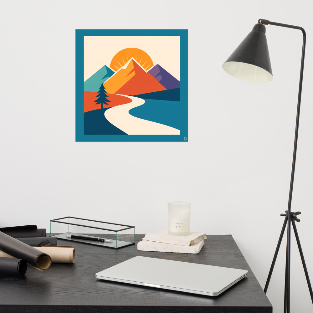 Geometric Mountain Sunrise with Winding River