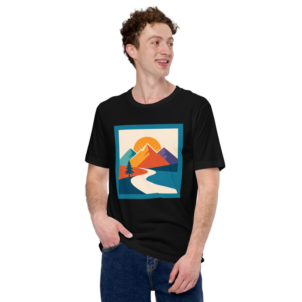 Geometric Mountain Sunrise with Winding River