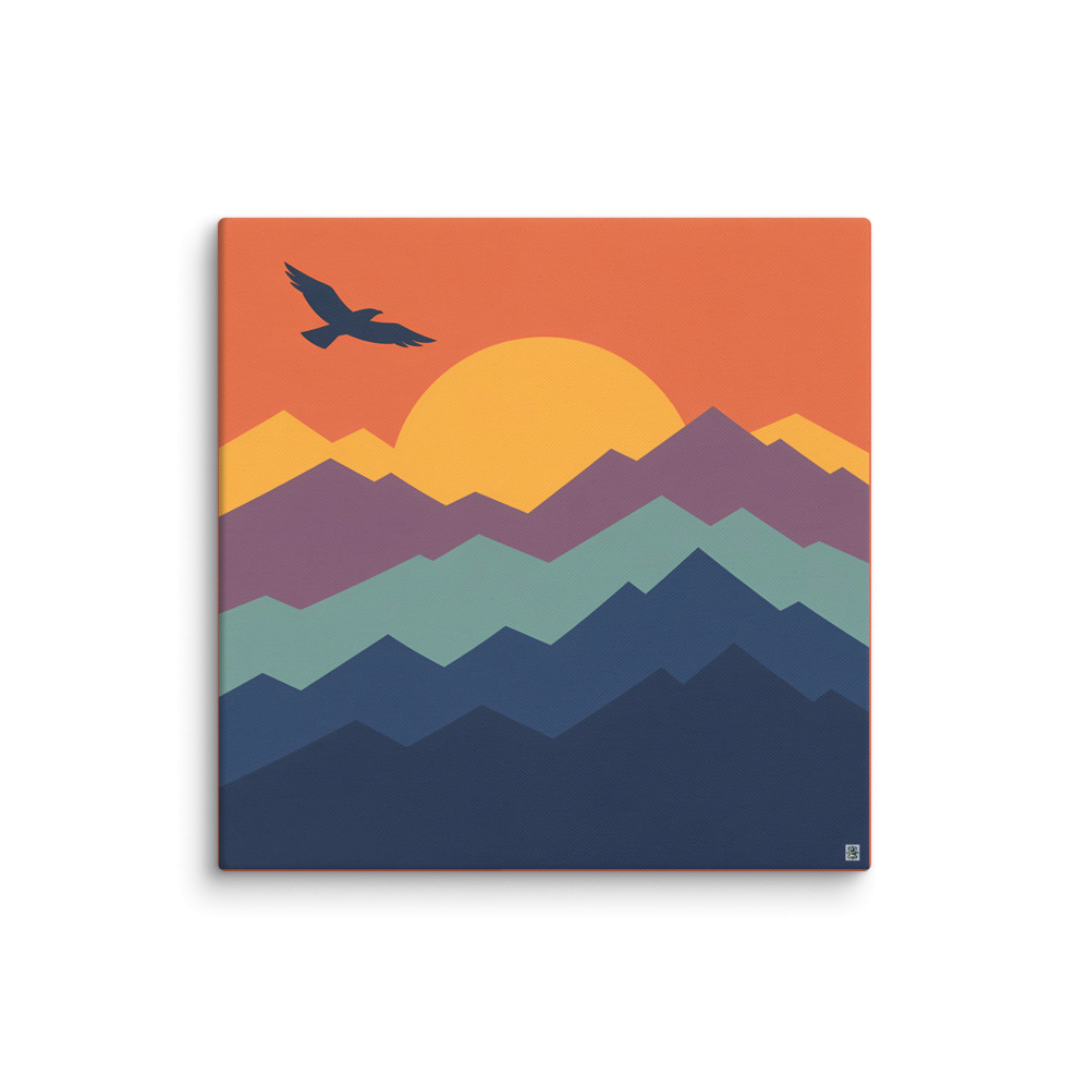 Geometric Mountain Sunset with Flying Bird — Canvas Print