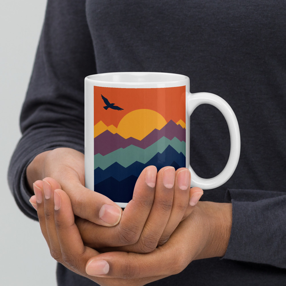 Geometric Mountain Sunset with Flying Bird