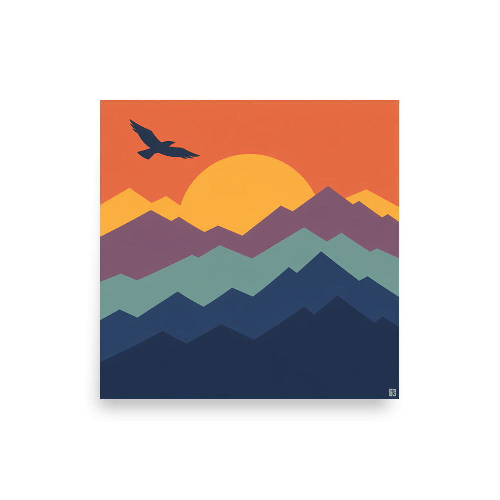 Geometric Mountain Sunset with Flying Bird — Art Print