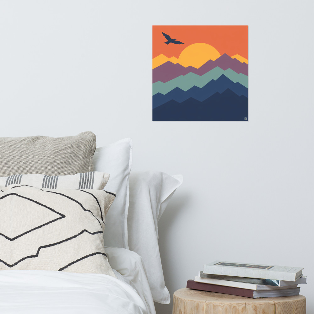 Geometric Mountain Sunset with Flying Bird