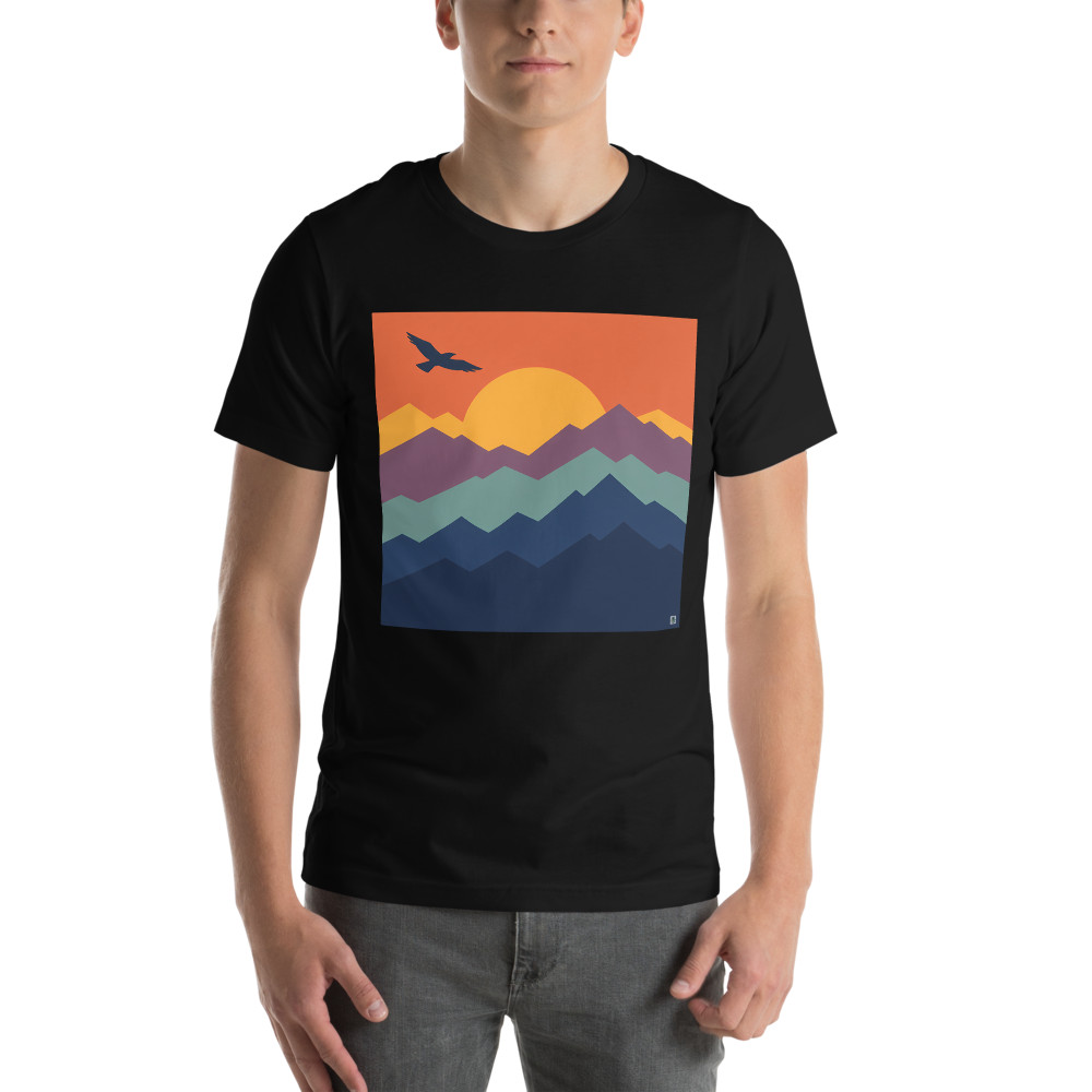 Geometric Mountain Sunset with Flying Bird